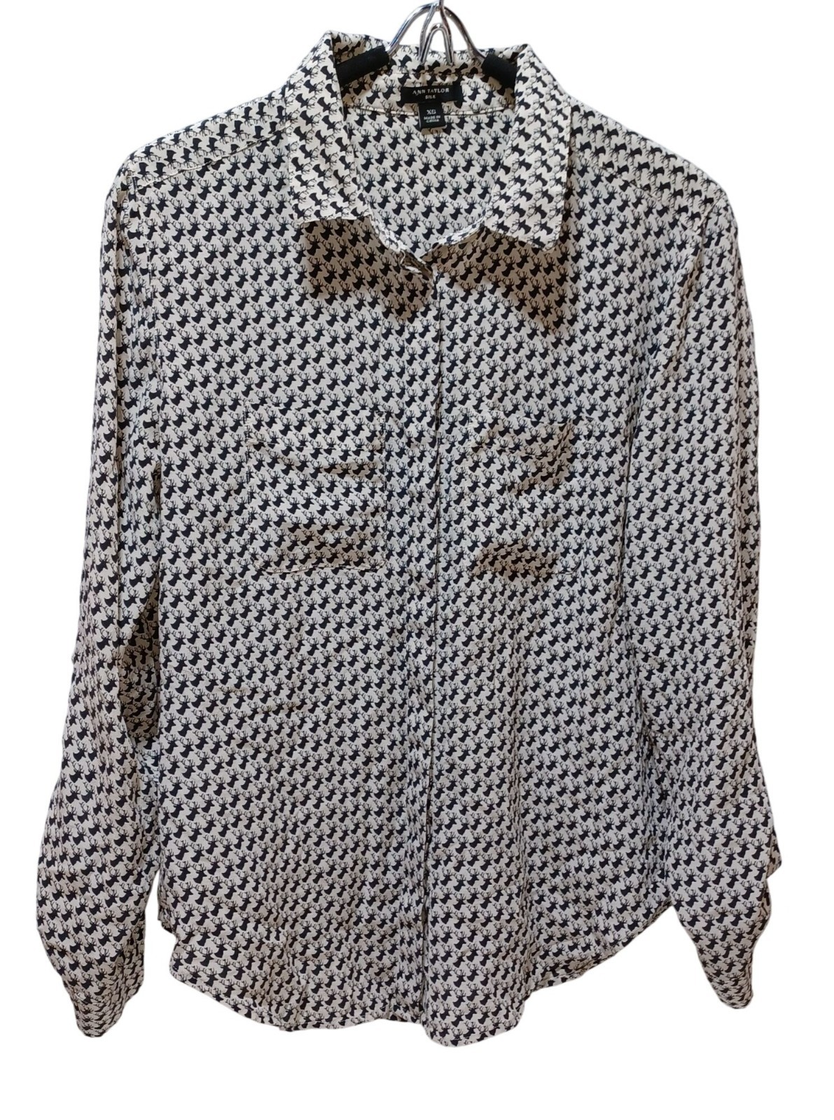 Ann Taylor Silk Blouse XS Deer Print White Black Holiday Academia Office Chic