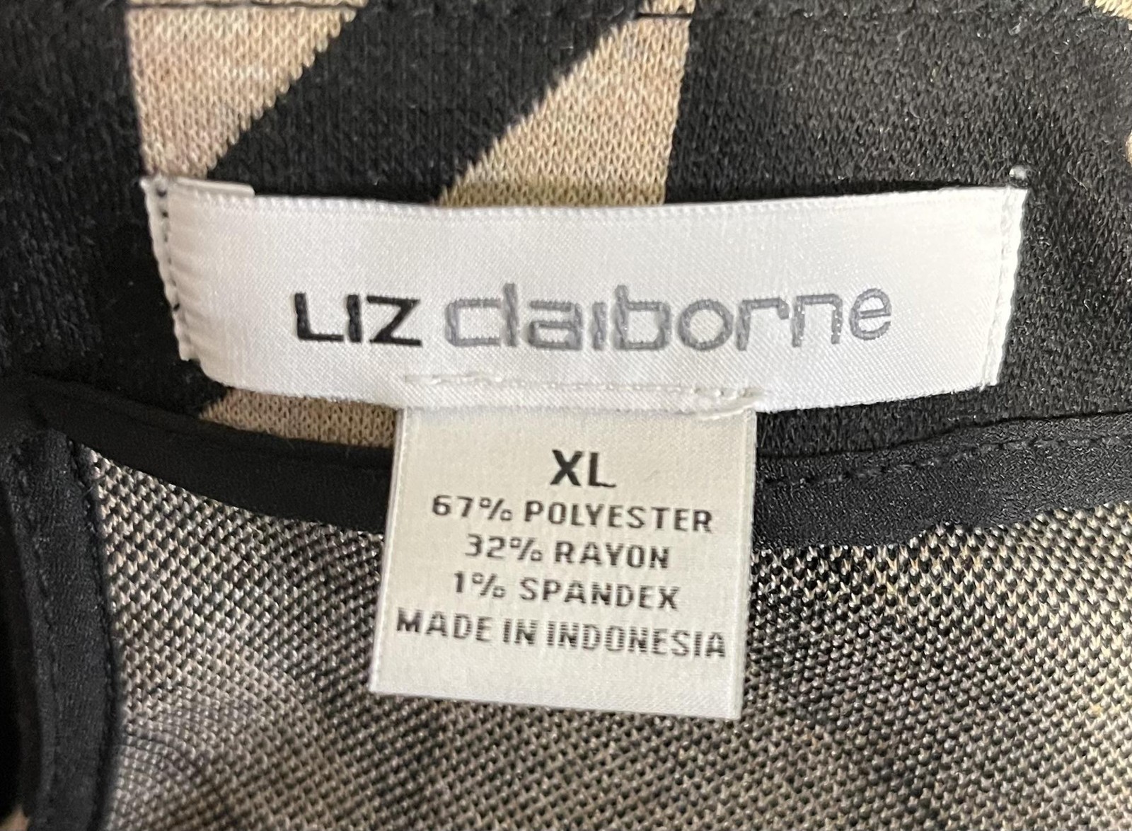 Liz Claiborne Blouse Womens XL Black Tan Houndstooth 3/4 Sleeve Stretch Top