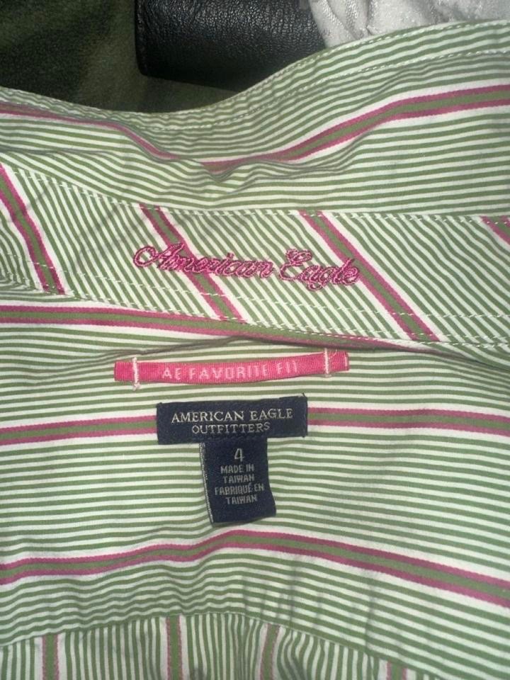 American Eagle Green and Pink Striped Button Down Shirt Size 4