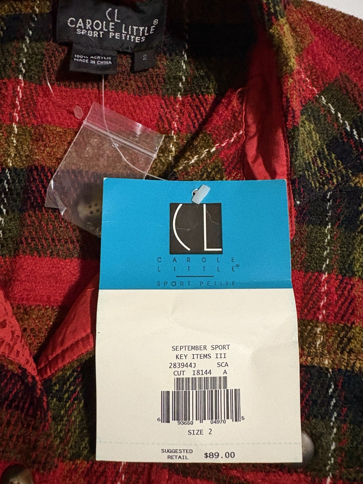 NWT Carole Little Shacket Petite 2 Red Plaid Long Sleeves Button Down Pockets