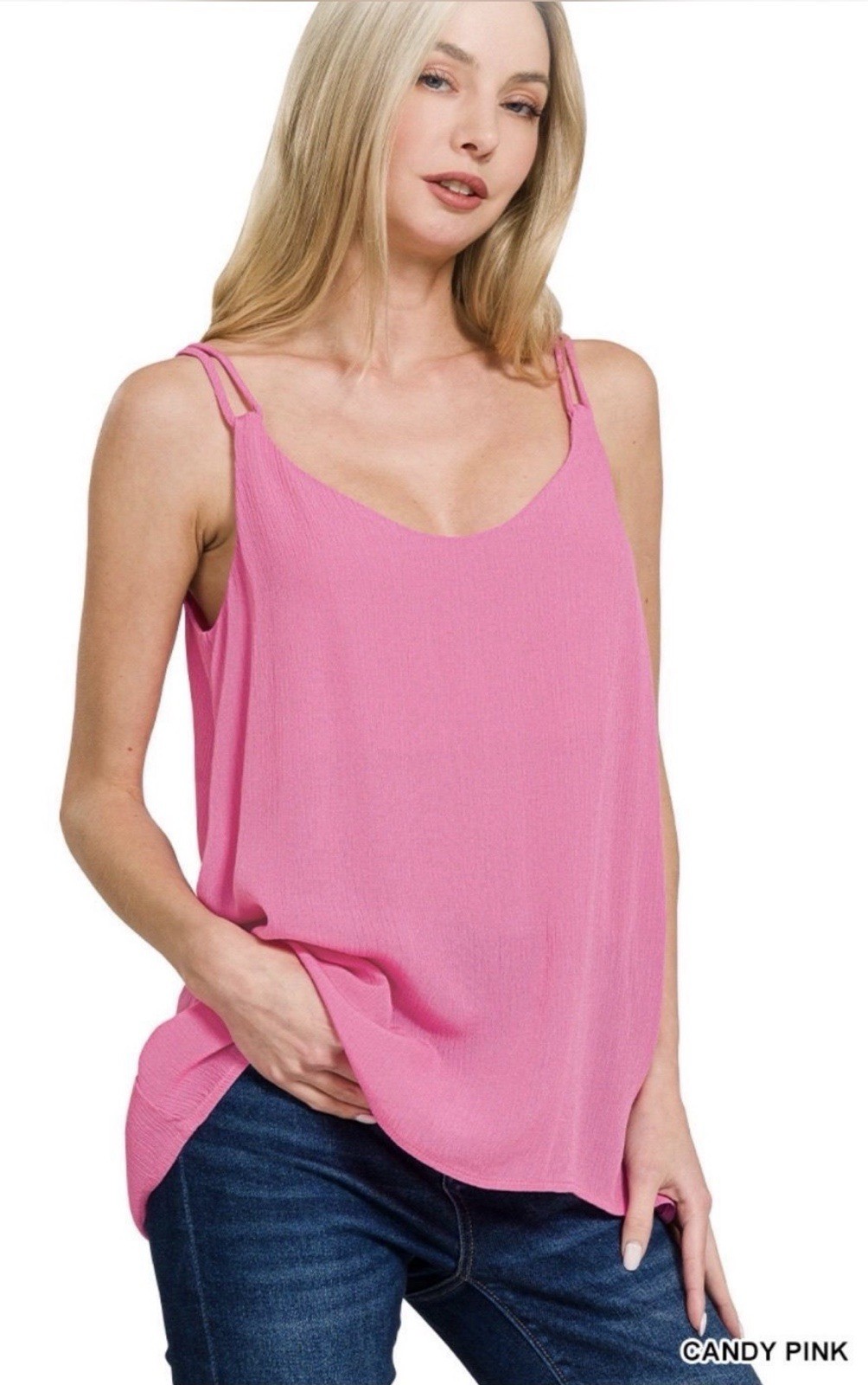 Zenana Candy Pink woven double spaghetti strap Flowy top, Large