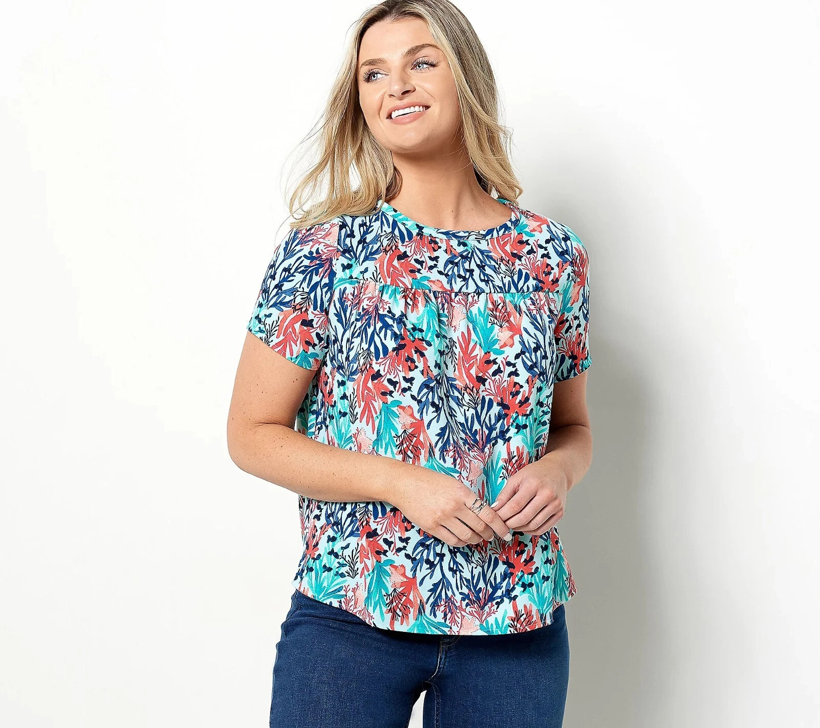 Denim & Co. Printed Bateau Neck Woven Top Shirring in Sky Blue ~ Size Small