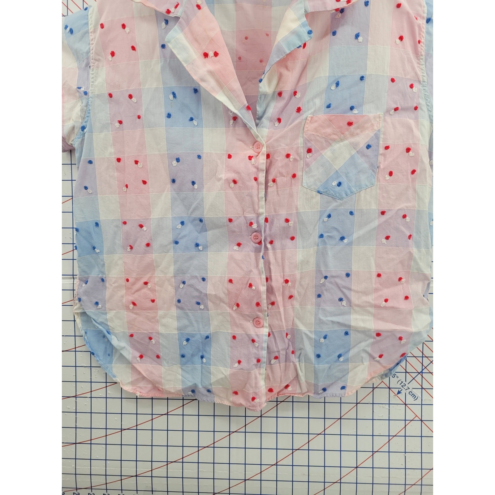 Vintage 50s Gingham Blouse Pink Blue Cotton Pom Pom Button Front Womens