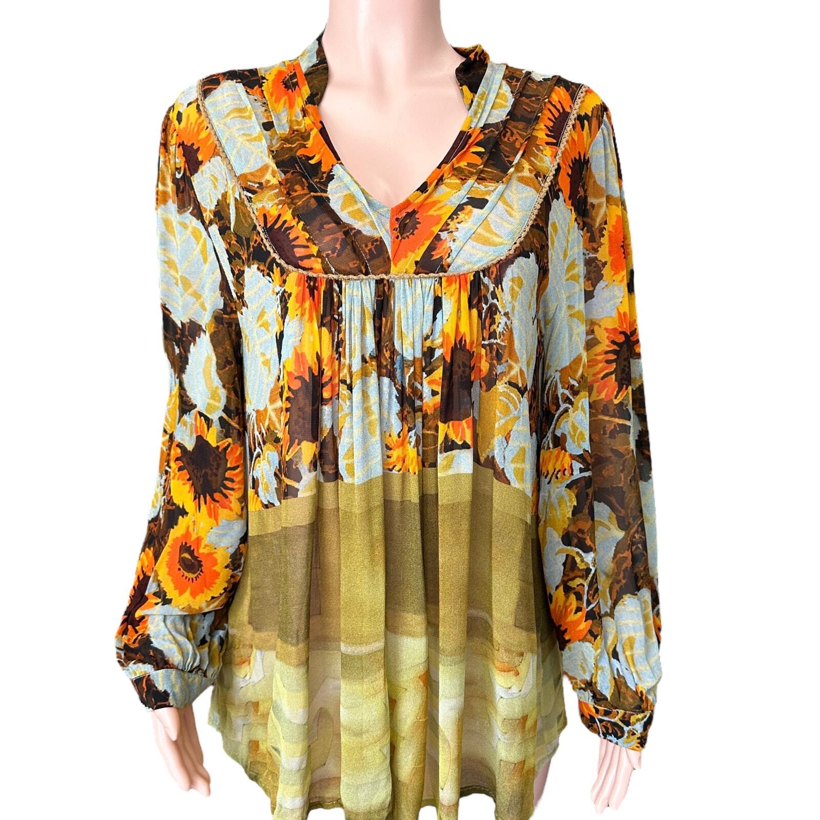 Vintage Blank London Floral Boho Peasant Top with Sunflower Print · Size 1X
