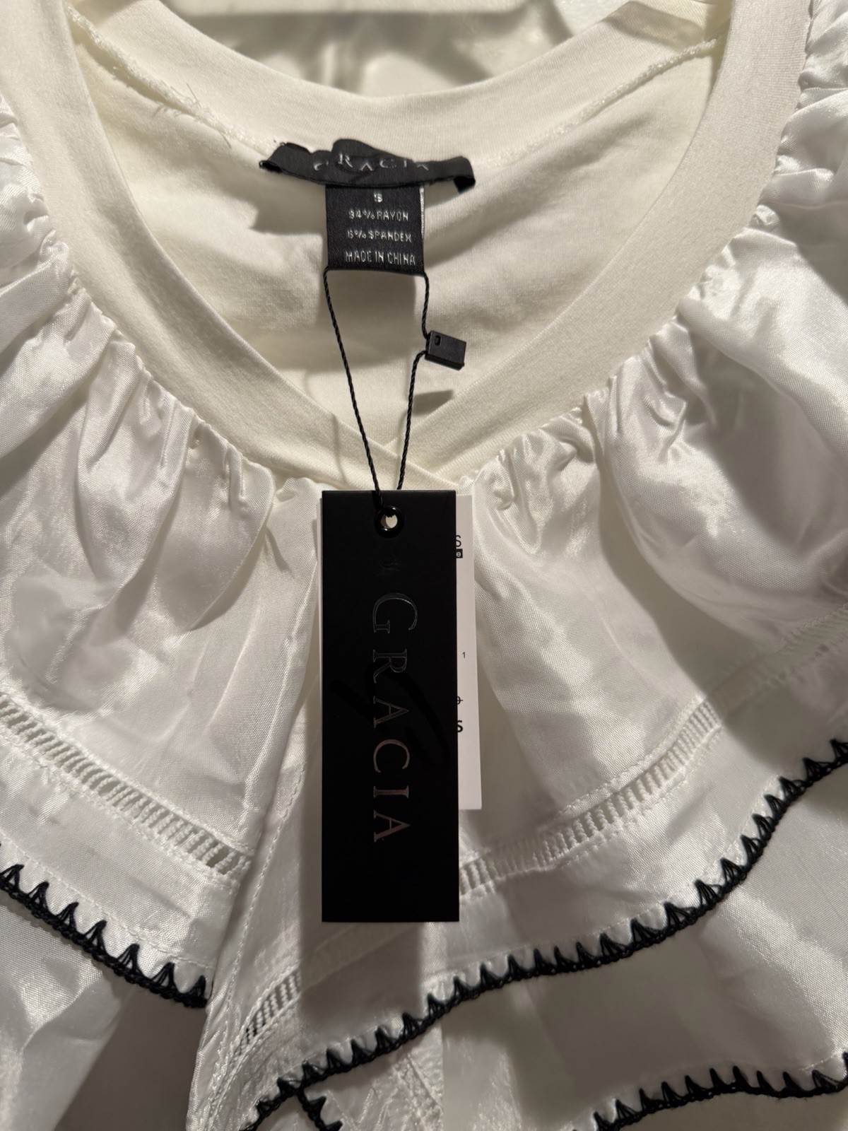 NWT Gracia Women’s White Ruffled Satin Trim Top Size S Elegant Statement Blouse