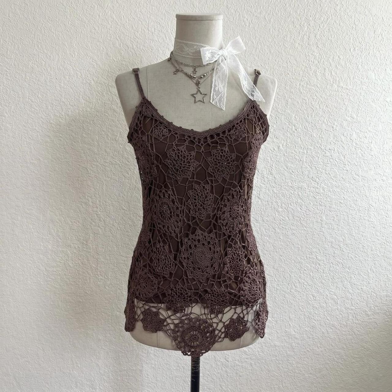 Brown Fairygrunge Crocheted Top Beads Floral Whimsygoth Ethereal 00s Size M 90s
