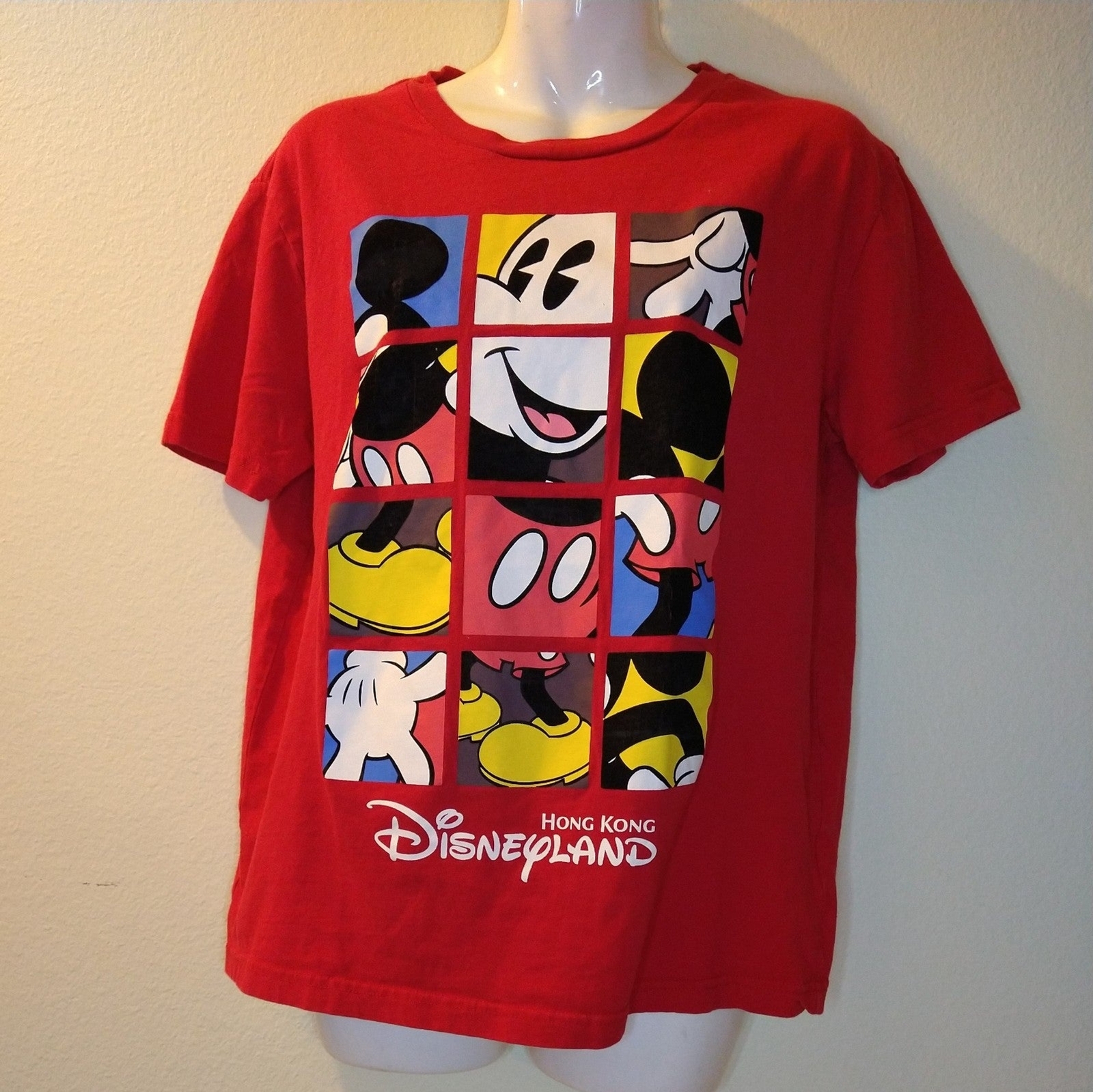 Red Disney Mickey Mouse slide puzzle Tshirt Hong Kong Disneyland Large