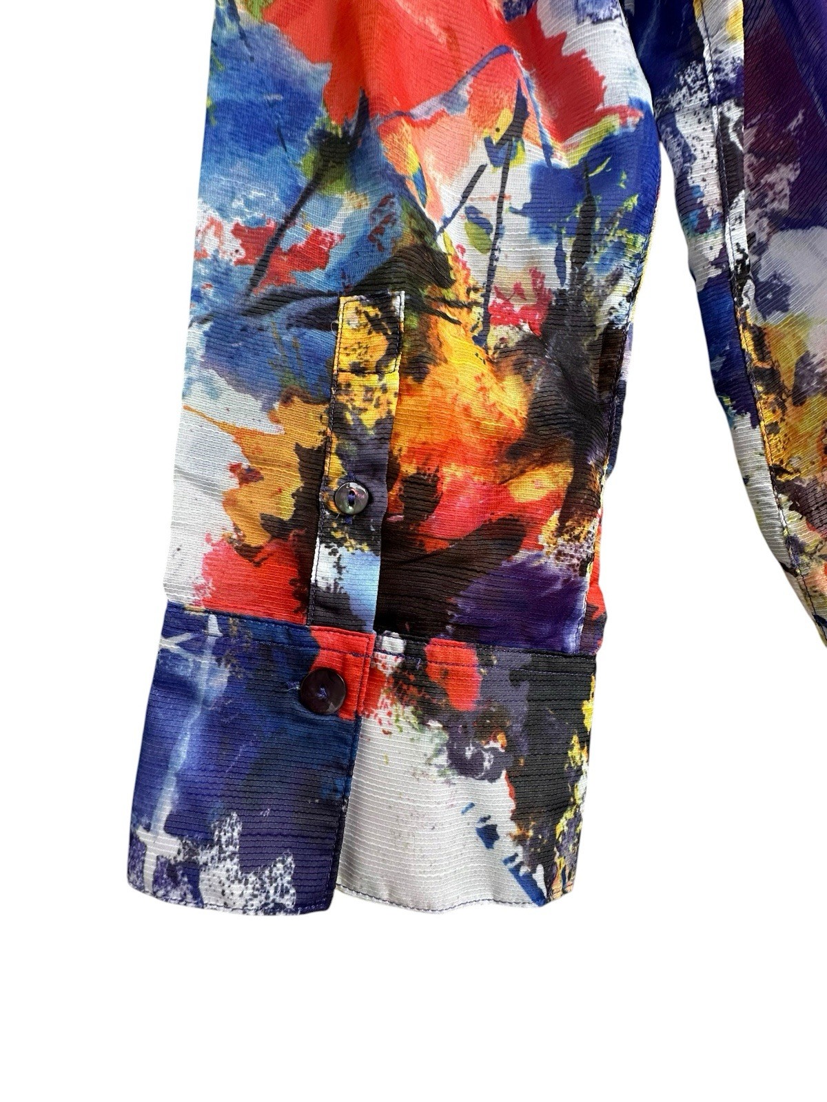 John Mark Womens XL Abstract Art To Wear Button Up 3/4 Sleeve Tunic Artsy Sheer