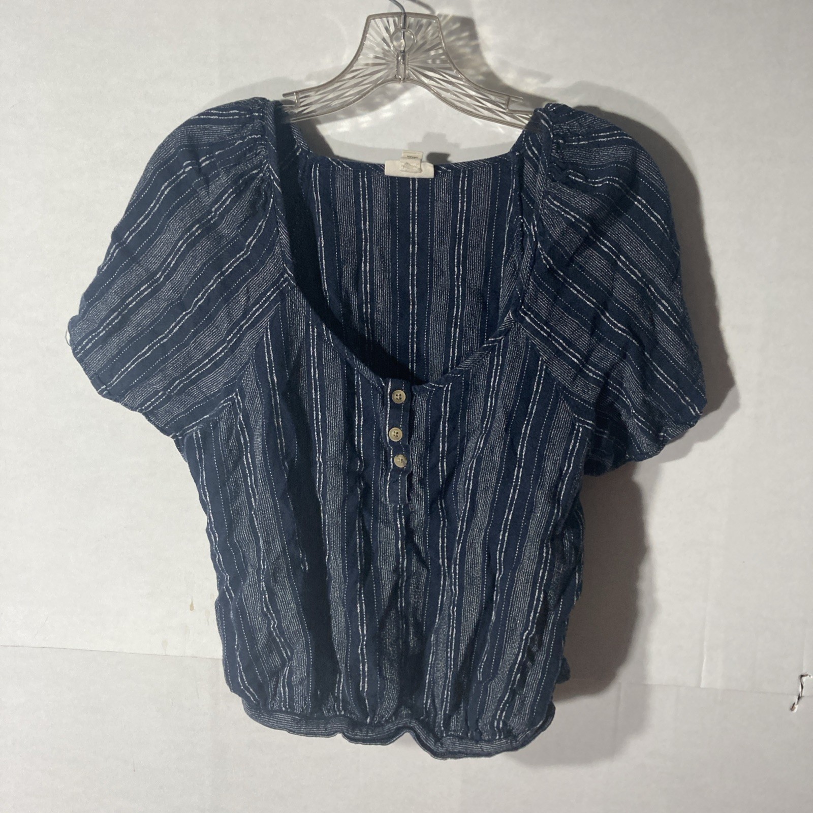 A.N.A. blue white striped scoop neck short sleeve linen blend waist length top S