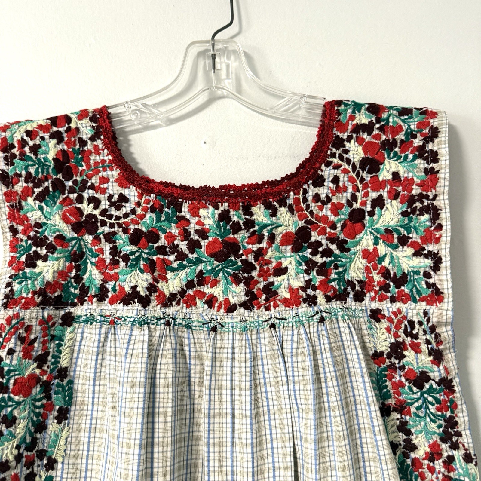 Mi Golondrina Hand Embroidered Tunic Top Blouse Red Green Floral Plaid S Mexico