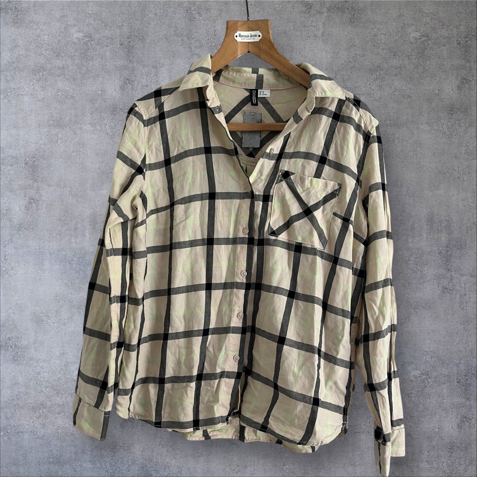 H&M Ivory Green Black Cotton Check Size 10 NWOT C1