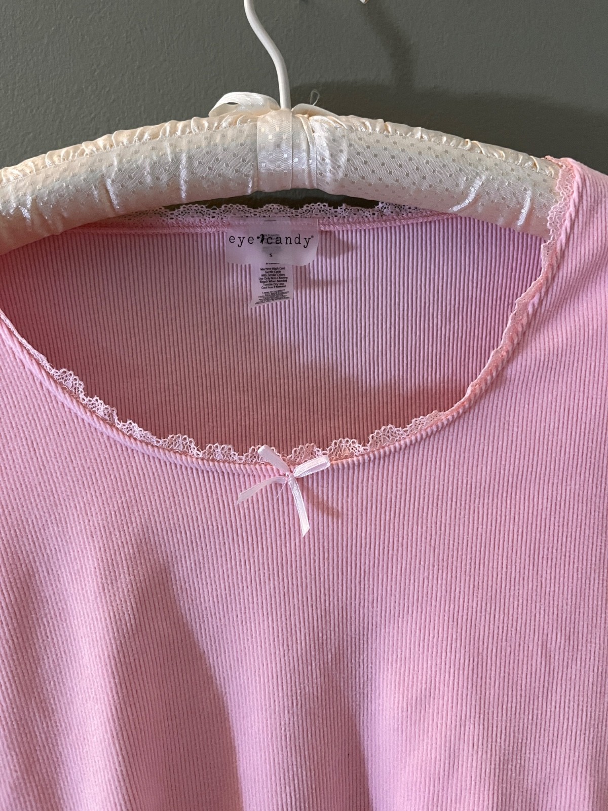 Y2K Ribbed Top Pink Lace Trim Long Sleeve Coquette Stretch Bow Cassie