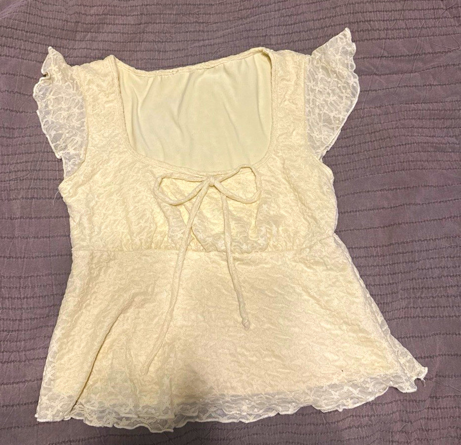 Women’s White Floral Lace Sheer Square Neck Cap Sleeve Bow Ruffle Blouse M
