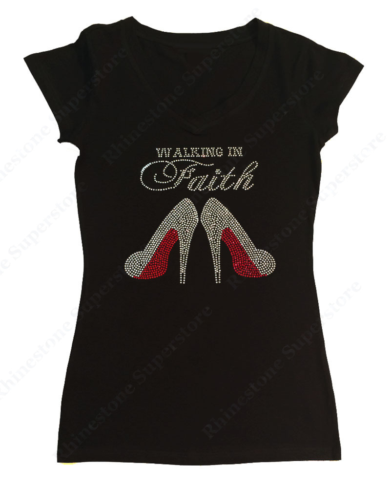 Women’s Rhinestone T-Shirt ” Walking in Faith ” S, M, L, XL, 2X, 3X, Religious