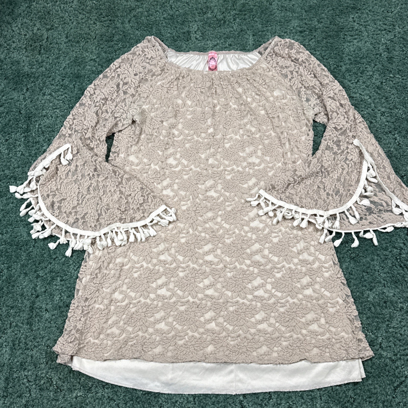 Honey Me Plus Sz 3X Baby Doll Top Beige Lace Lined Stretch Fringed Boho VTG