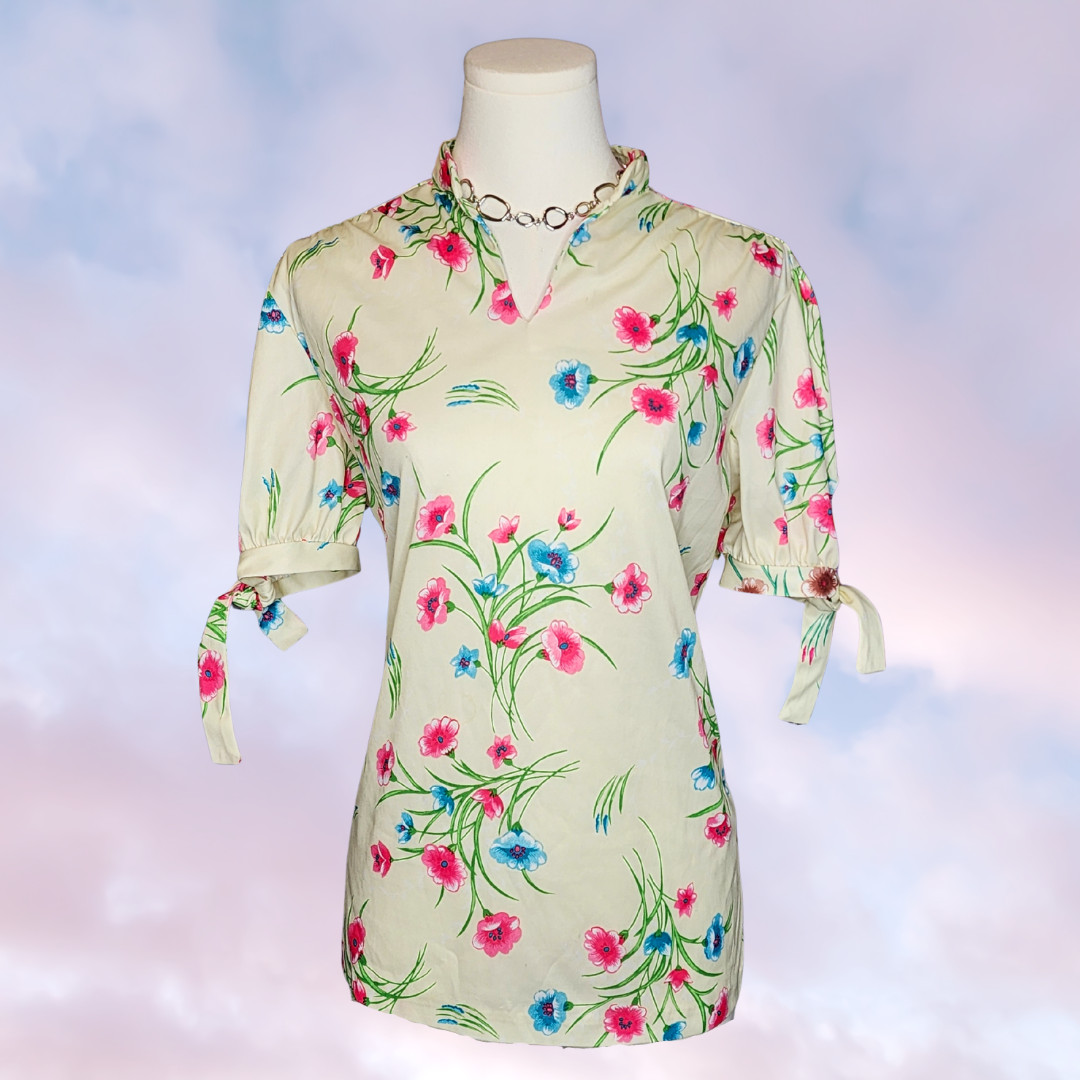 Vtg 60s Mod Retro Colorful Floral Flower Collared Pink Blue Tie Short Sleeve Top