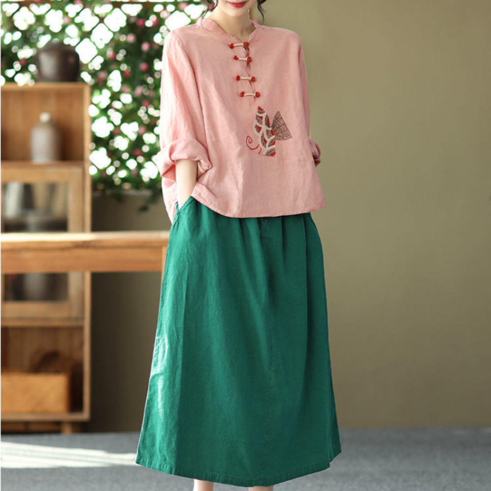 Ethnic Women Embroidery Cotton Linen T-shirts Casual Tops Blouse Retro Chinese