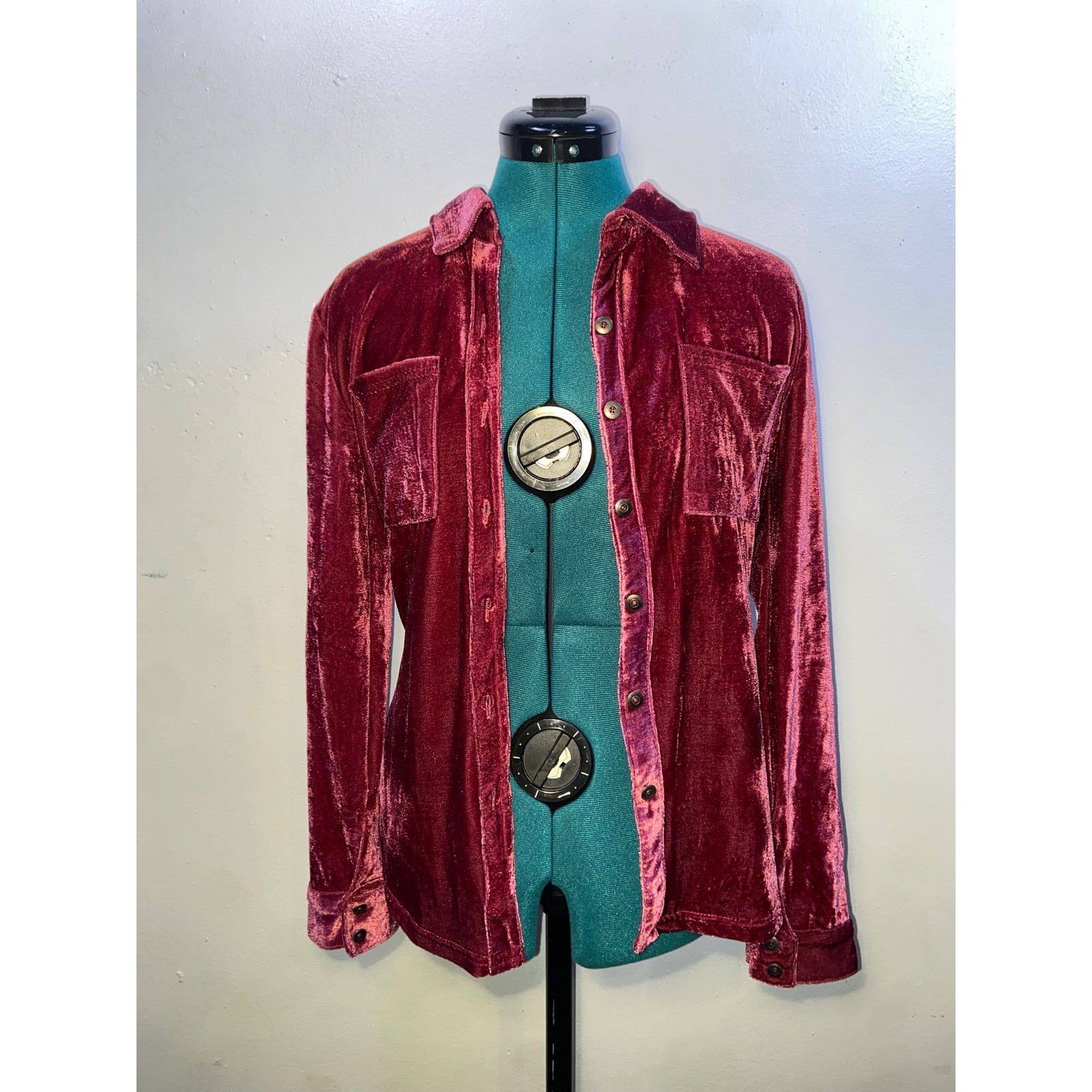 Elfin Dark Pink Velvet Button Down Shirt Y2K Barbie Velour Jacket Whimsigoth -L