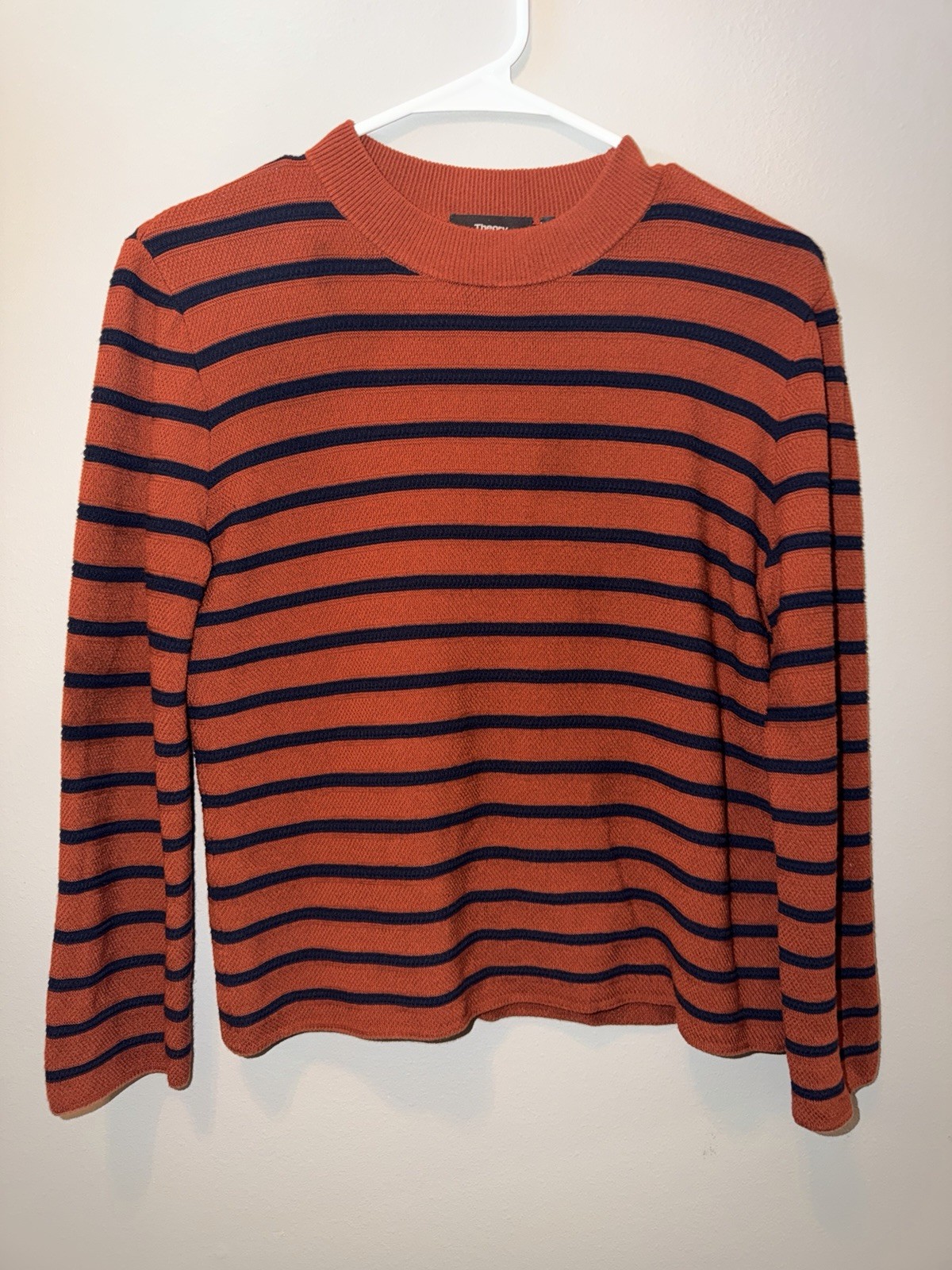Theory Women’s M Orange/Blue Striped Knit Crewneck Sweater Viscose Blend