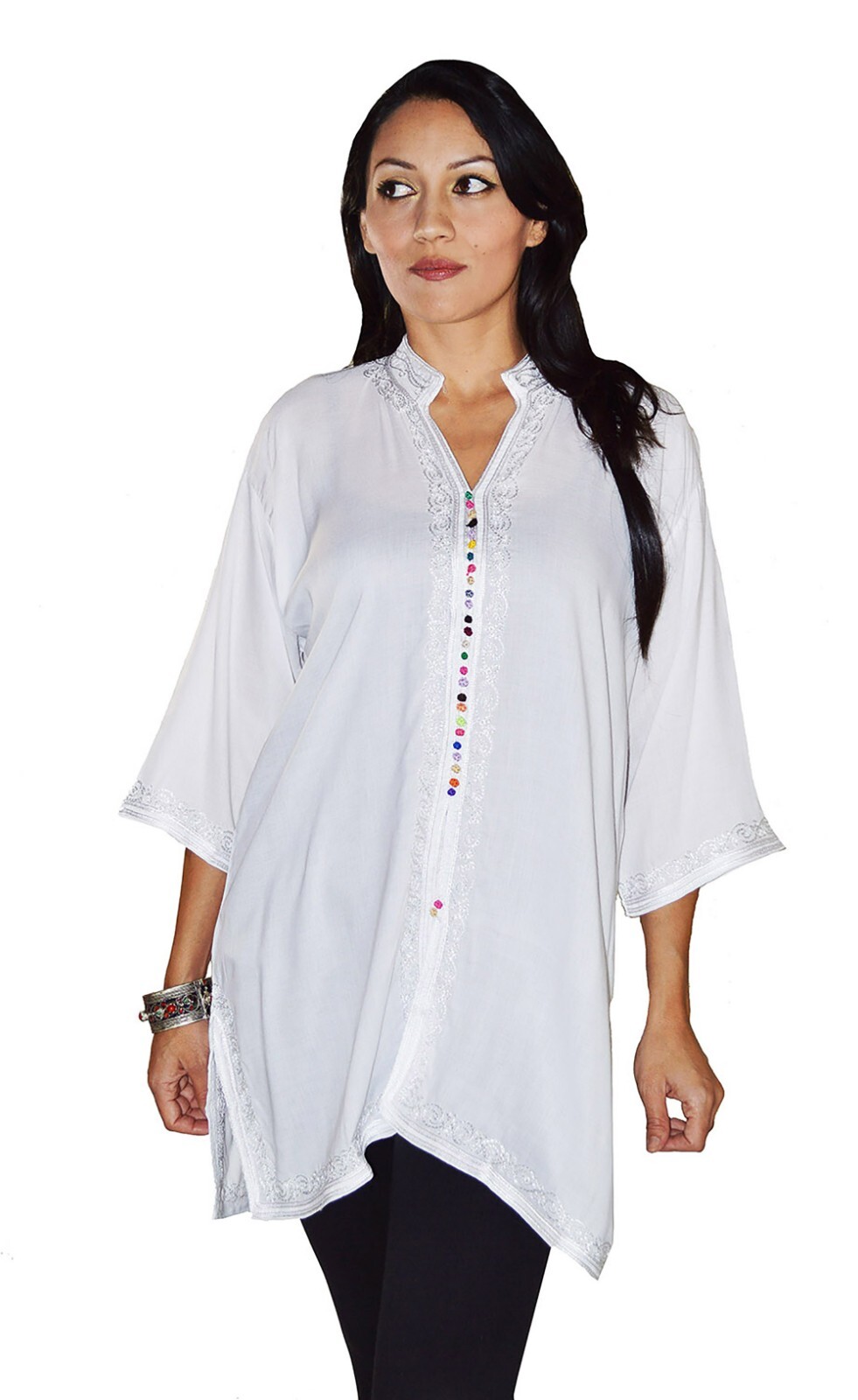 Moroccan Tunic Caftan Shirt Cotton Blouse Swim Suit Cover-up White LG To XLG