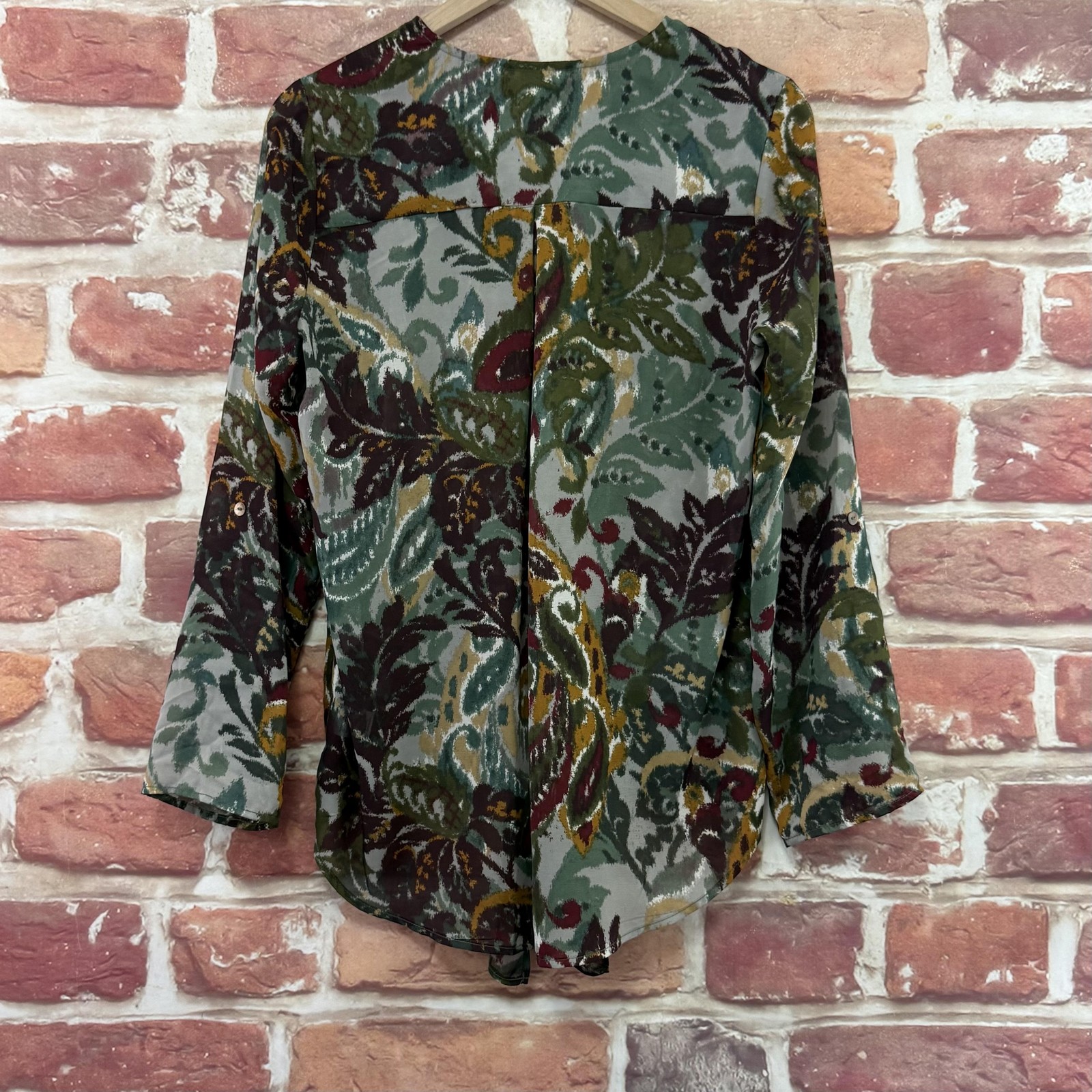 Bobeau Top Womens Medium Multicolor Boho Floral Tie Waist Sheer Casual Shirt