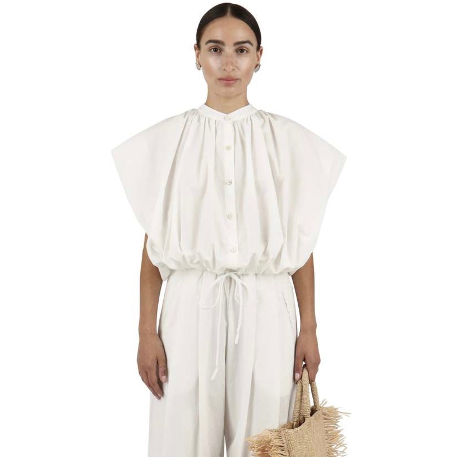 $310 NEW Modern Weaving White Pleated Drawstring Top Quiet Luxury- Size Large