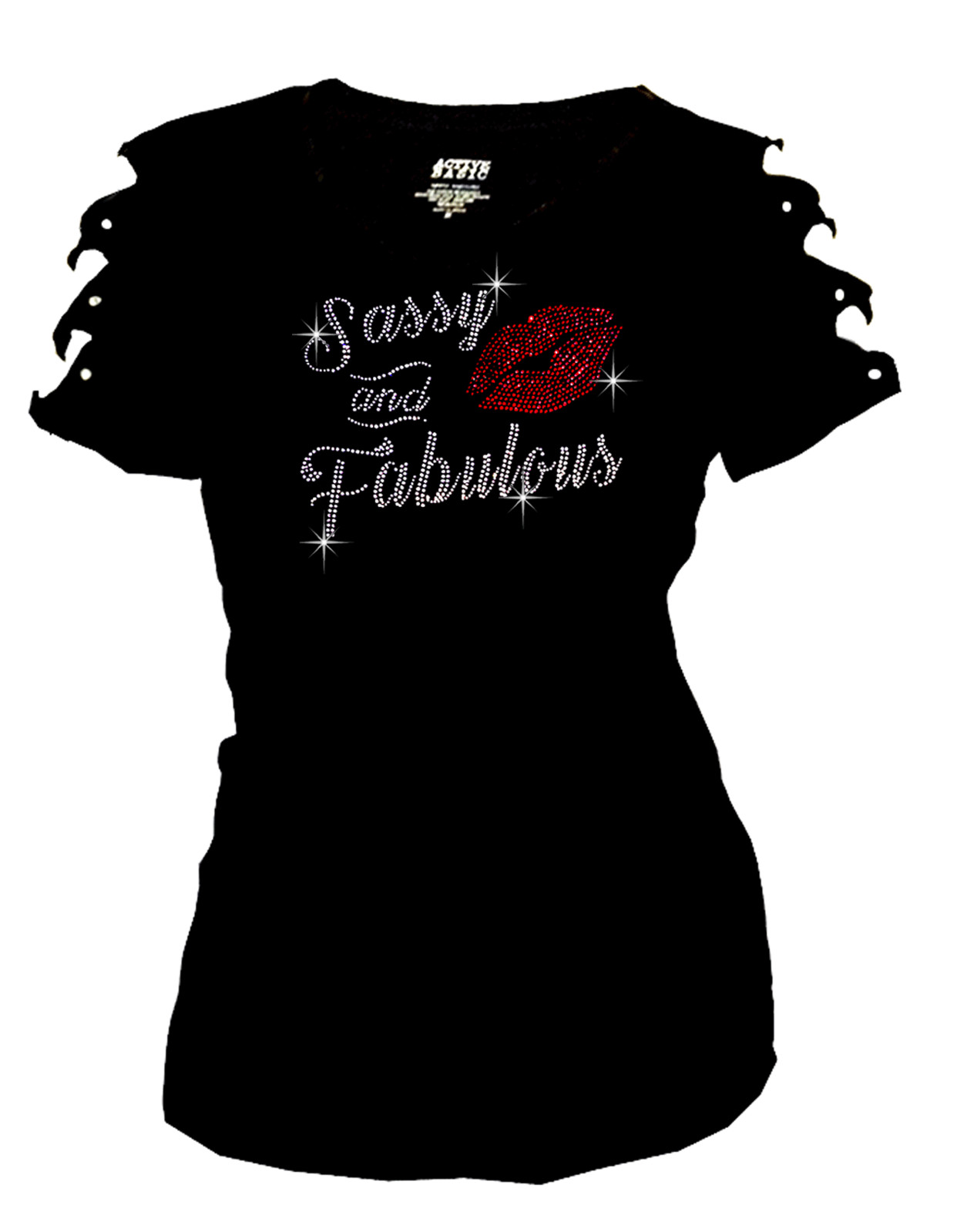 Bling Rhinestone T-Shirt, “Sassy and Fabulous” Ripped Cut Out Short Sleeve S~4XL
