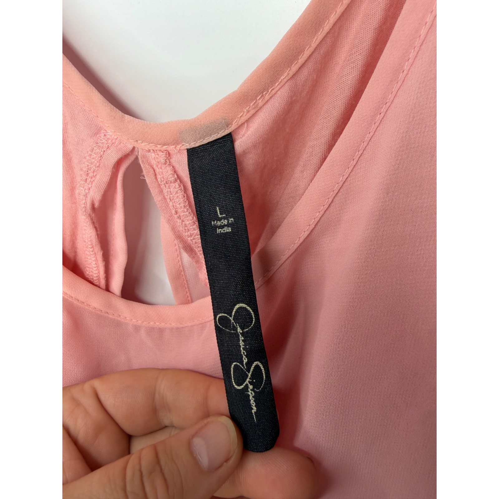 Peach Beaded Trim Chiffon Overlay Sleeveless Blouse Keyhole Back Top L