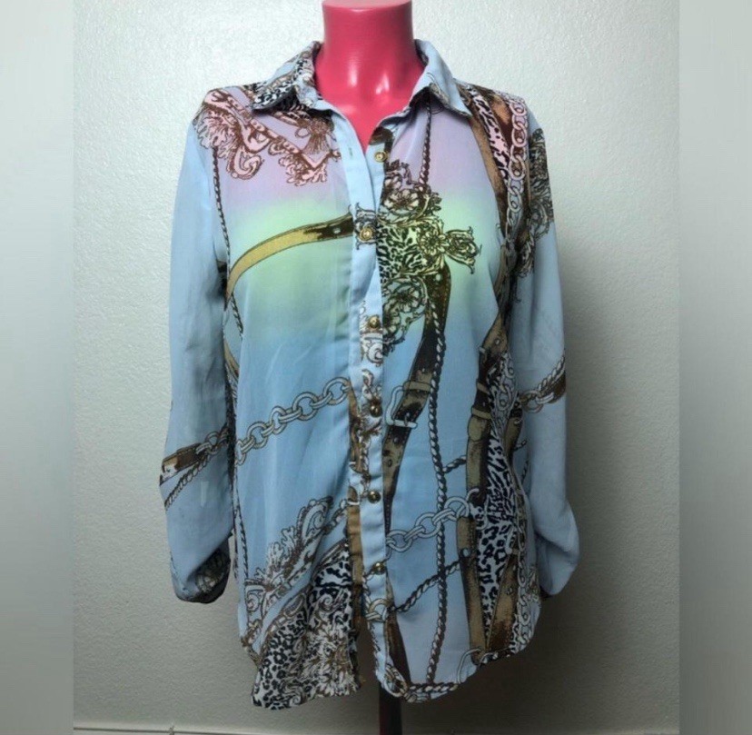 Chain Scarf Print Button Up Old Money Quiet Luxury Long Sleeve