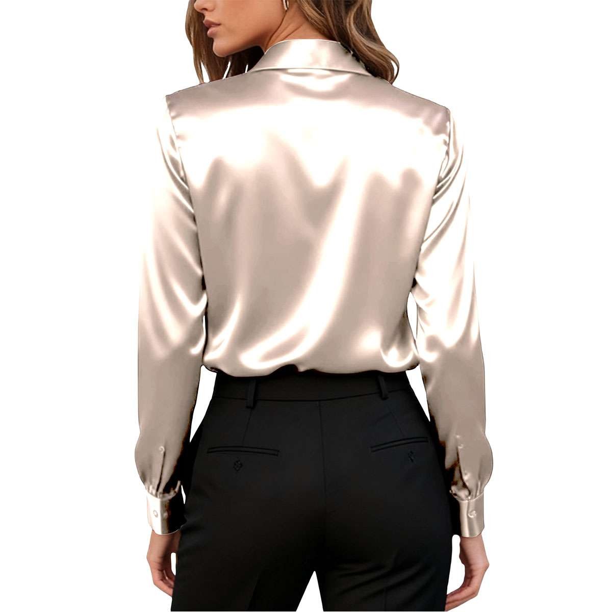 Elegant Women Satin Shirt Solid Color Long Sleeve Blouse Casual Button Down Tops