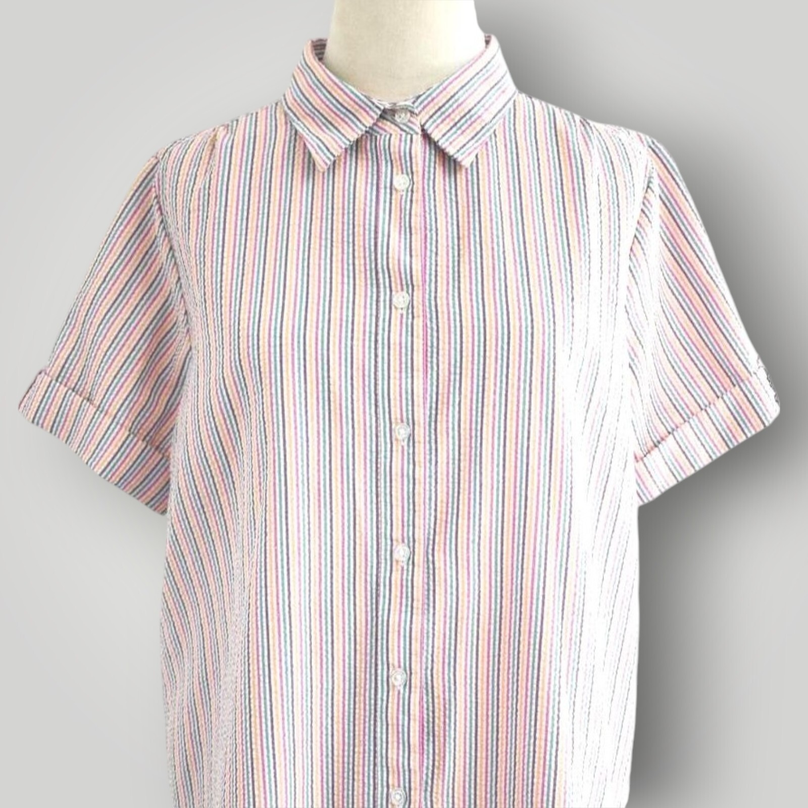 🌺 VTG Boca Bay Seersucker Vacation Shirt Women’s S Multicolor Striped Button Up