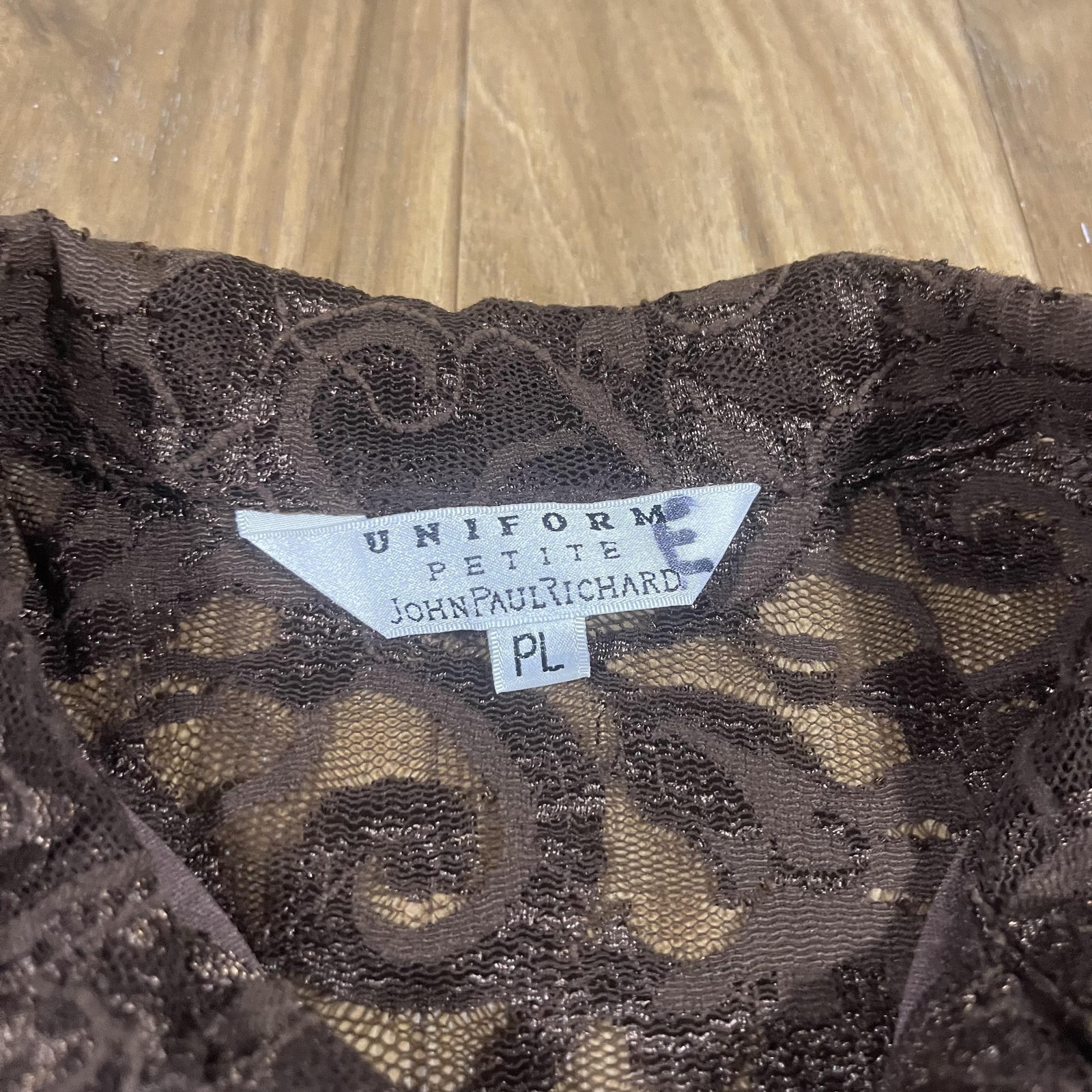 Vintage John Paul Richard Lace Blouse Womens Large Petite Brown Paisley Sheer