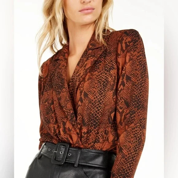 Bar III Becca Tilley Surplice Bodysuit Womens S Snakeskin Print Long Sleeve Top