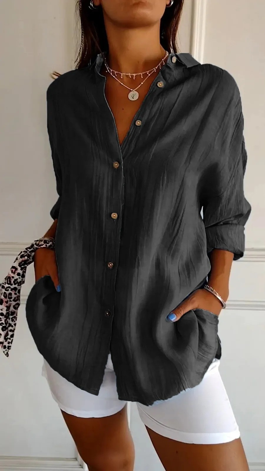 Women’s Button Collared Loose Fit Shirt Plain Long Sleeve Elegant Style