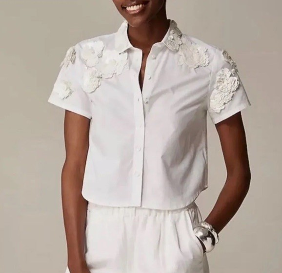 J.Crew White Floral Sequin Collared Short Sleeve Button-Up Cotton Shirt 6