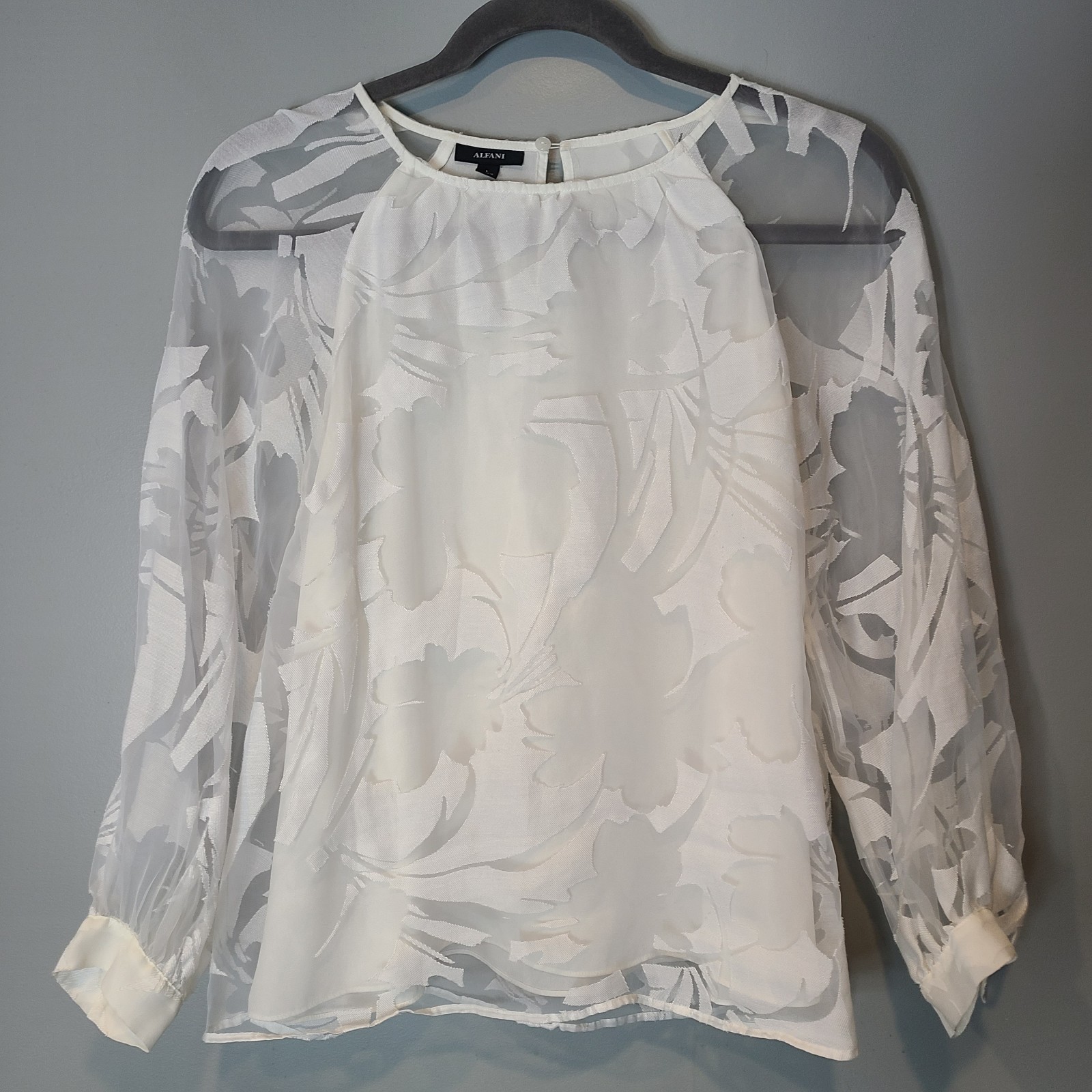 Alfani White sheer top Sz Large Boho Cottage Long Sleeve Resort Wedding Beach