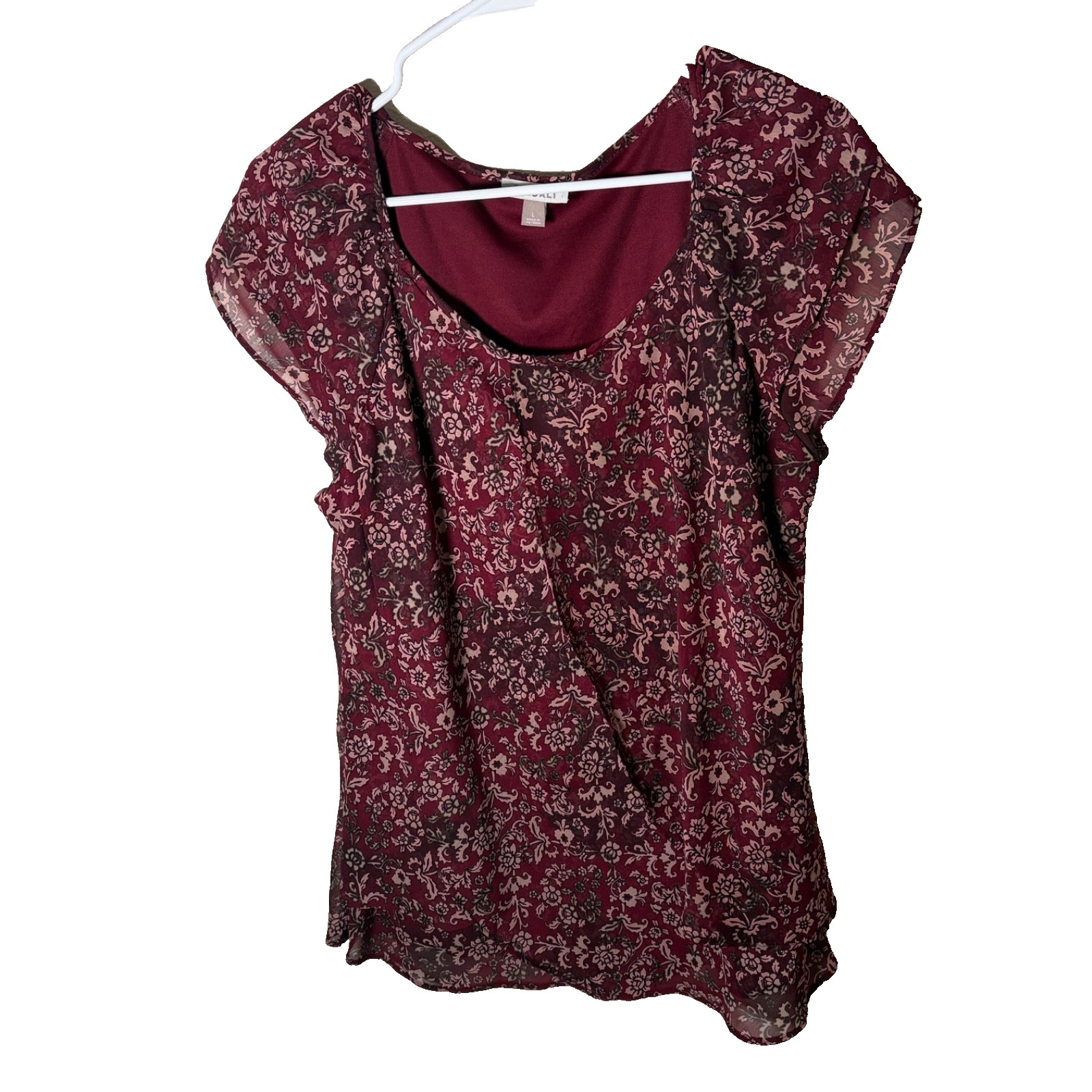 Roz & Ali Blouse Women’s Large Round Neck Red Boho Cap Sleeve Top Shirt