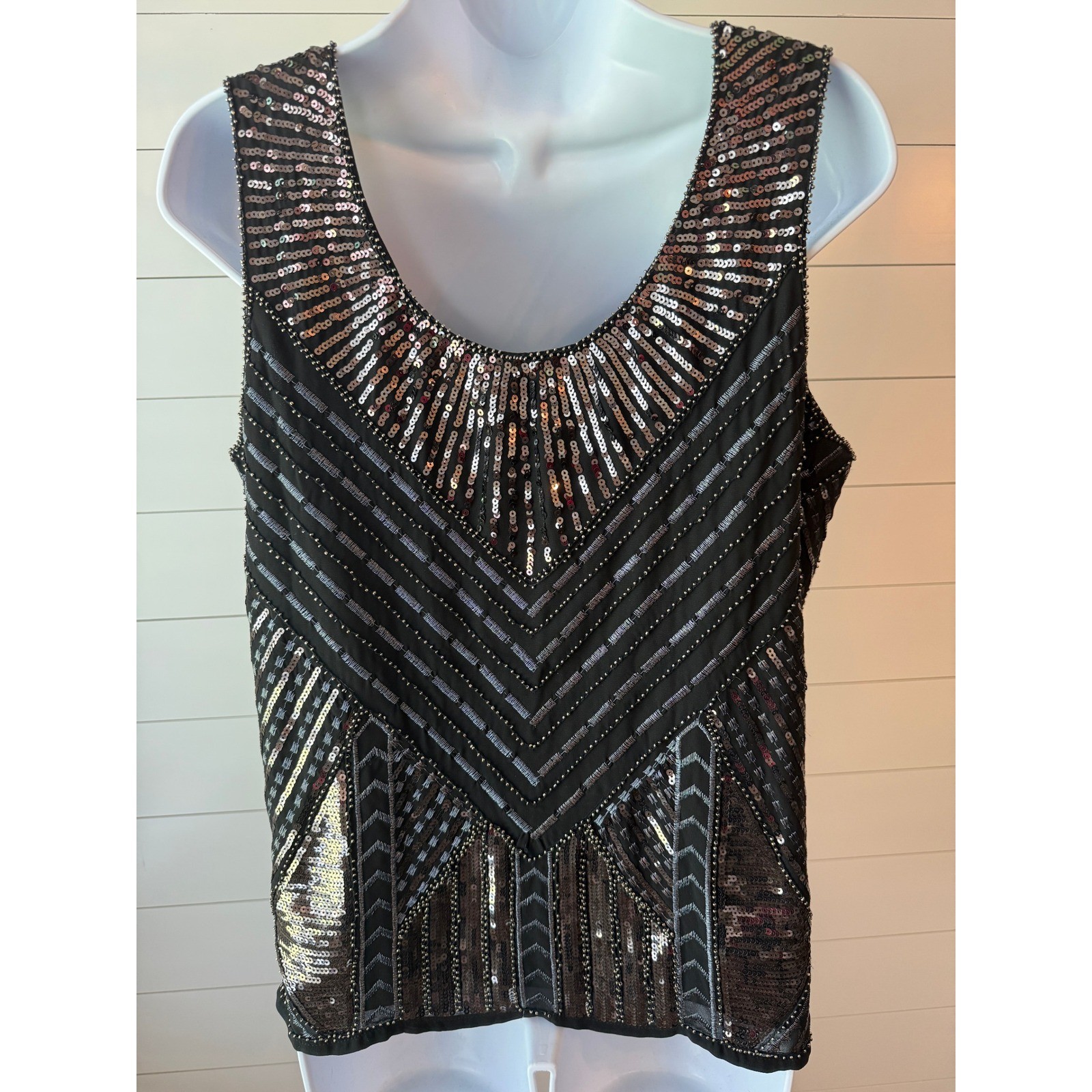 Cupio Sequin Embroidered Art Deco Tank Top Black Gold Silver Size Large