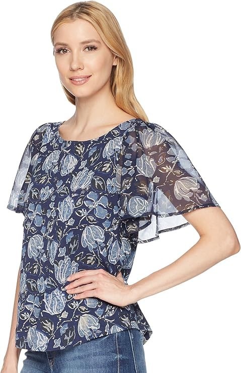 Lucky Brand Floral Blouse Flutter Sleeve Feminine Girly Cottage Boho Easter M