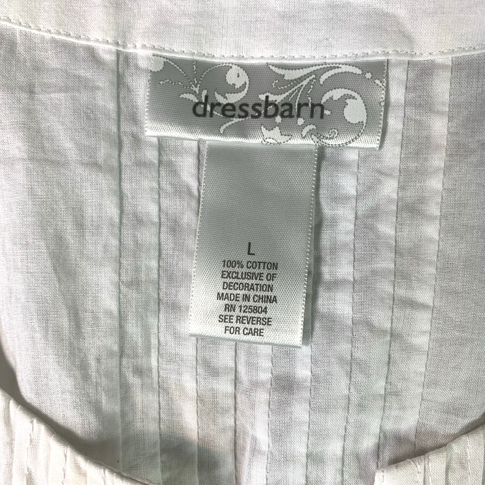 Embroidered Peasant Tunic Top Womens L Dressbarn White All Cotton Pleated Floral