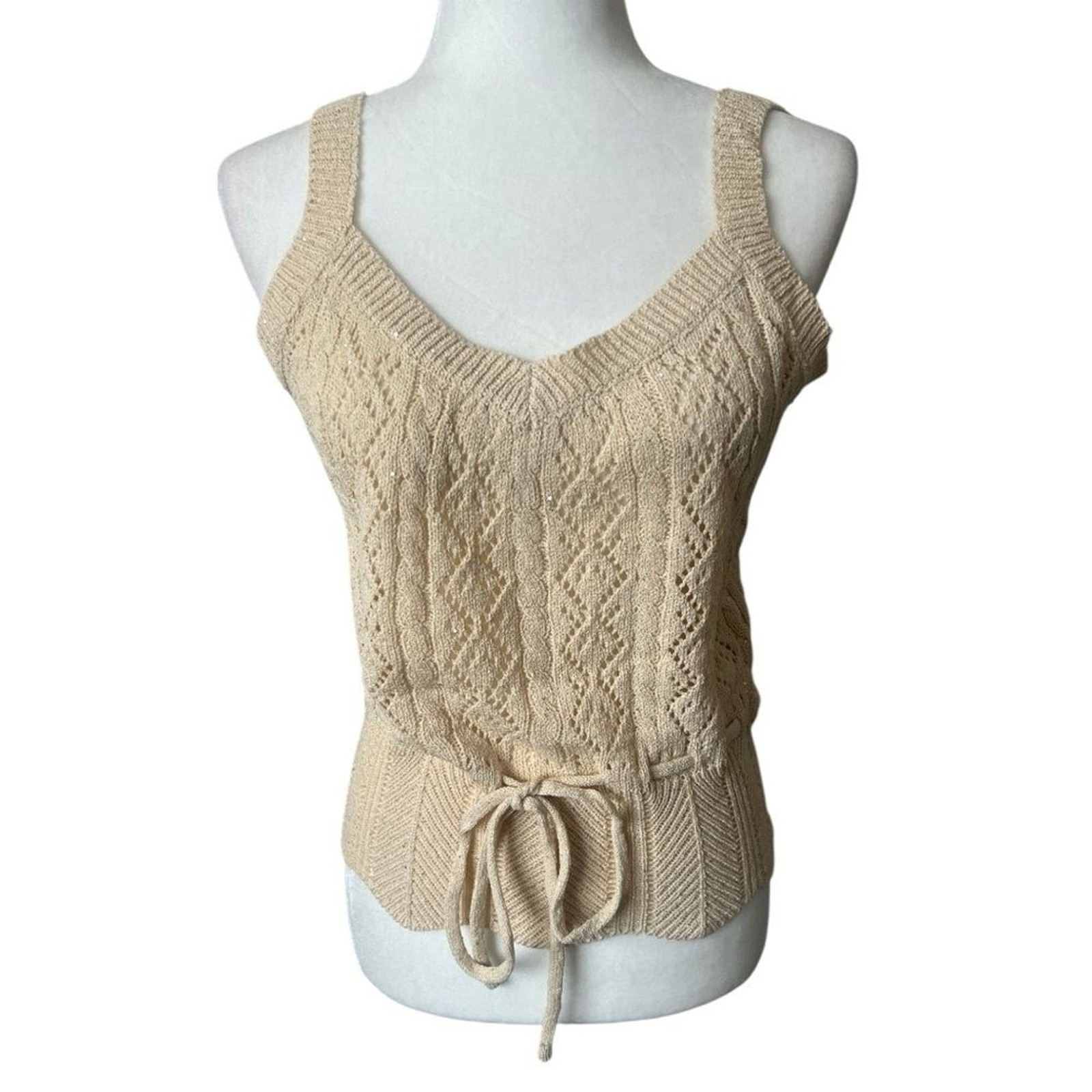 NKN Nekane Ecru Beige Sequin Knit Sleeveless V-Neck Tank Drawstring Waist Medium