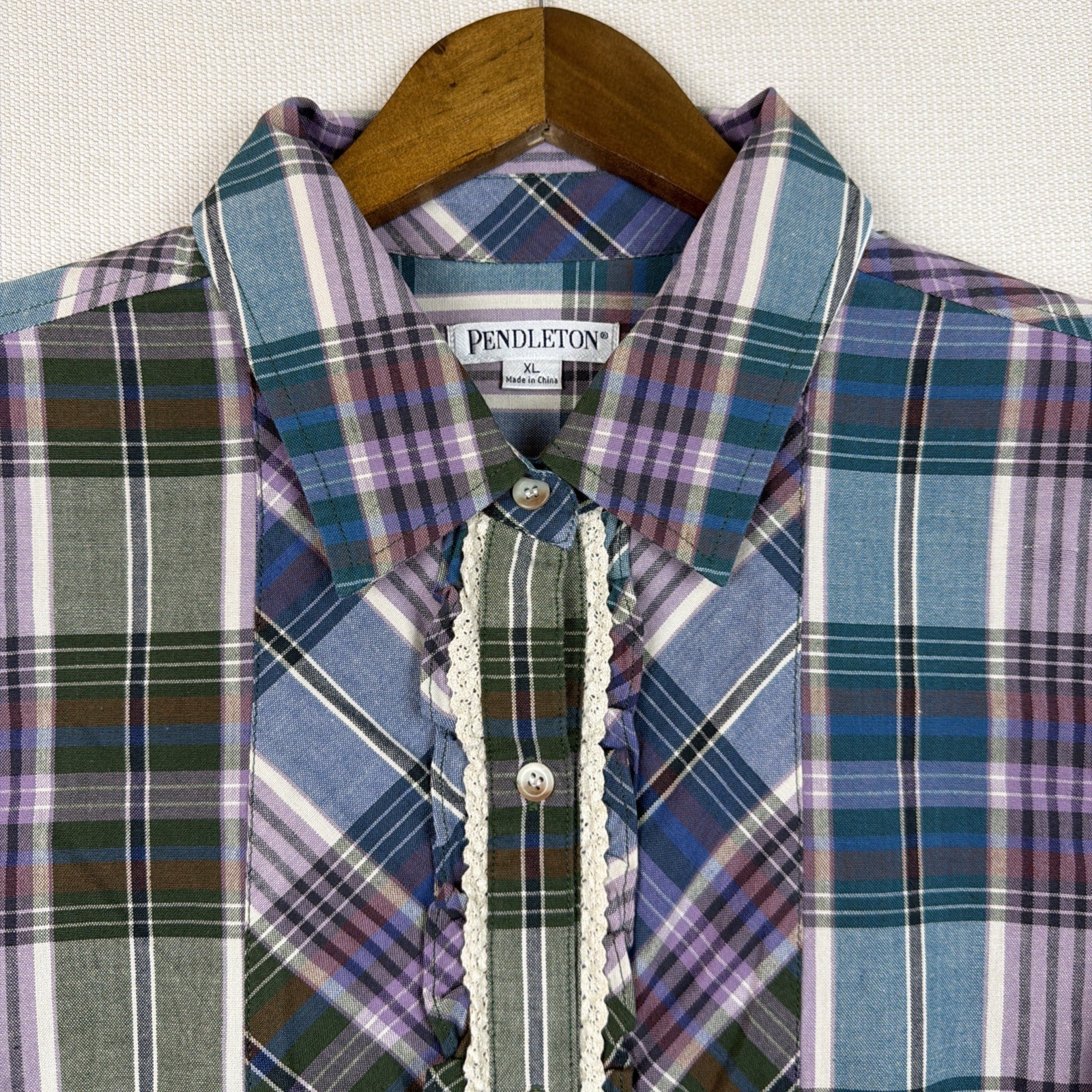 Pendleton Plaid Button Up Shirt Blouse Womens XL Ruffle Detail NWT Blue Green