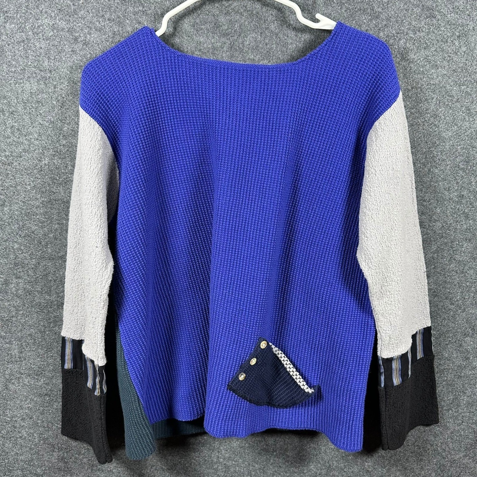 Double Sided Colorblock Patchwork Knit Top Blue Gray Green Black Size M