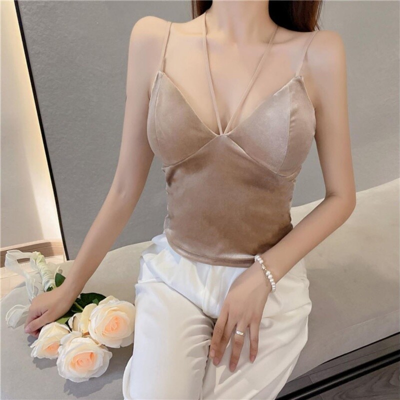 Lady Velvet Halter Camisole Tank Bustier Bra Vest Crop Top Slim Spaghetti Strap
