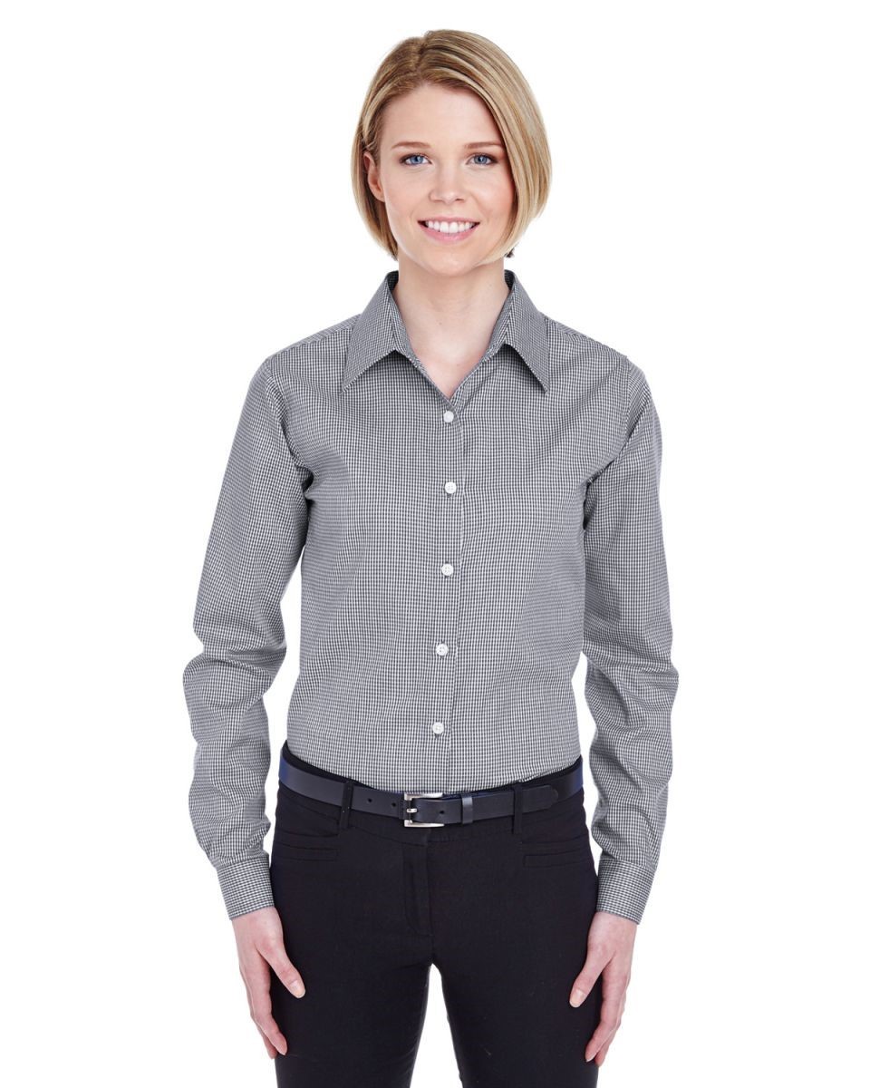 UltraClub womens Yarn-Dyed Micro-Check Woven L BLACK NEW (948)