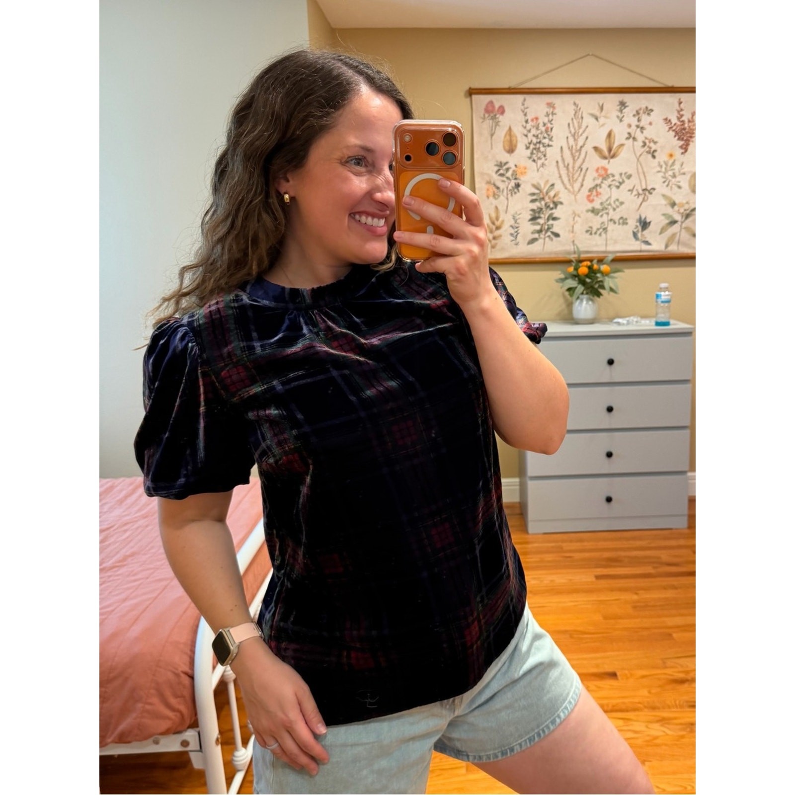 NWT Boden Velvet Plaid Short Sleeve Top – Navy/Deep Burgundy 8