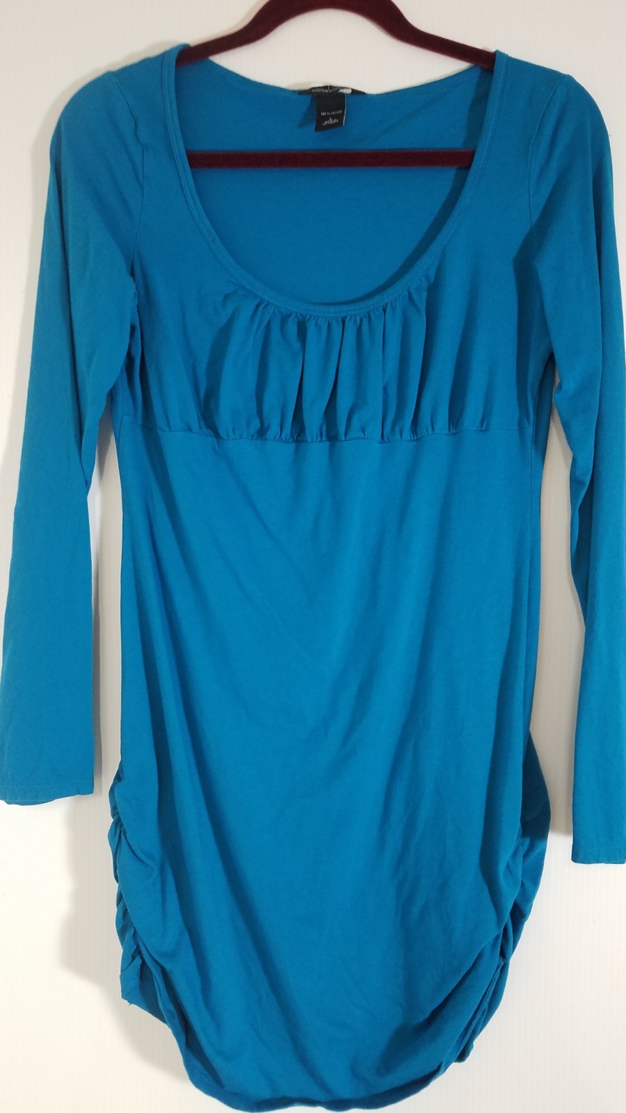 Moda International Ladies Top L Blue Scoop Neck Long Sleeve Ruched Slimming 5469