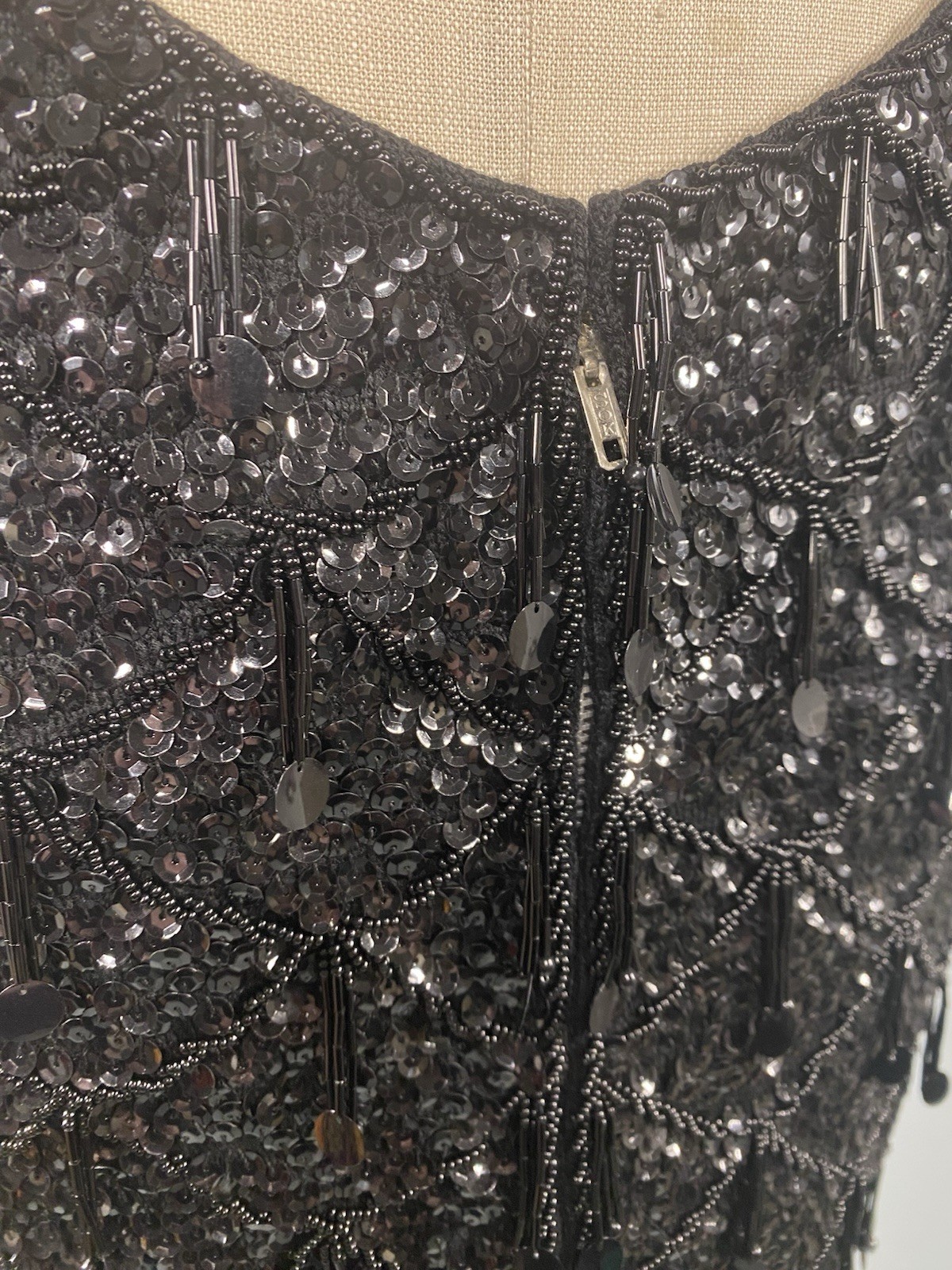 Vintage Sequin Top SIZE MEDIUM M black beaded fringe MACY’S Hong Kong 60s 70s