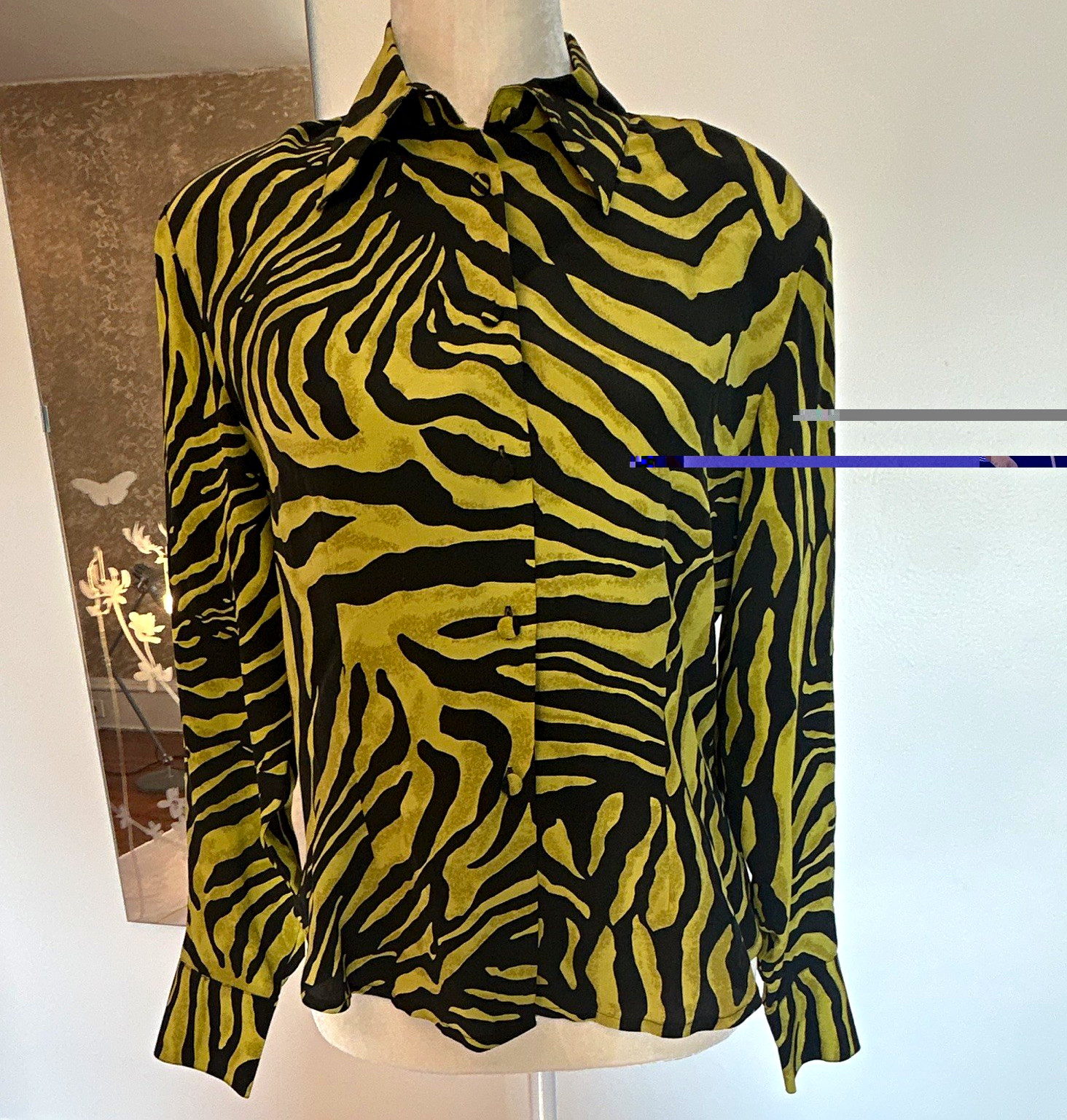 TESS Black Green Animal Print Silk Collared Button-Down Long Sleeve Blouse 8