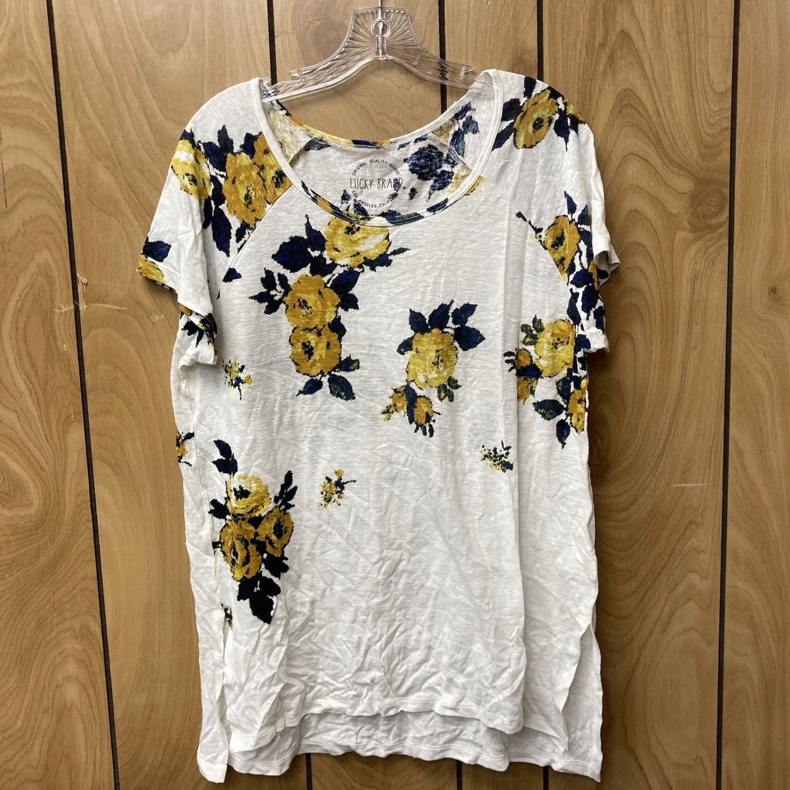 LUCKY BRAND white yellow blue floral short raglan sleeves hi-low hem knit top L